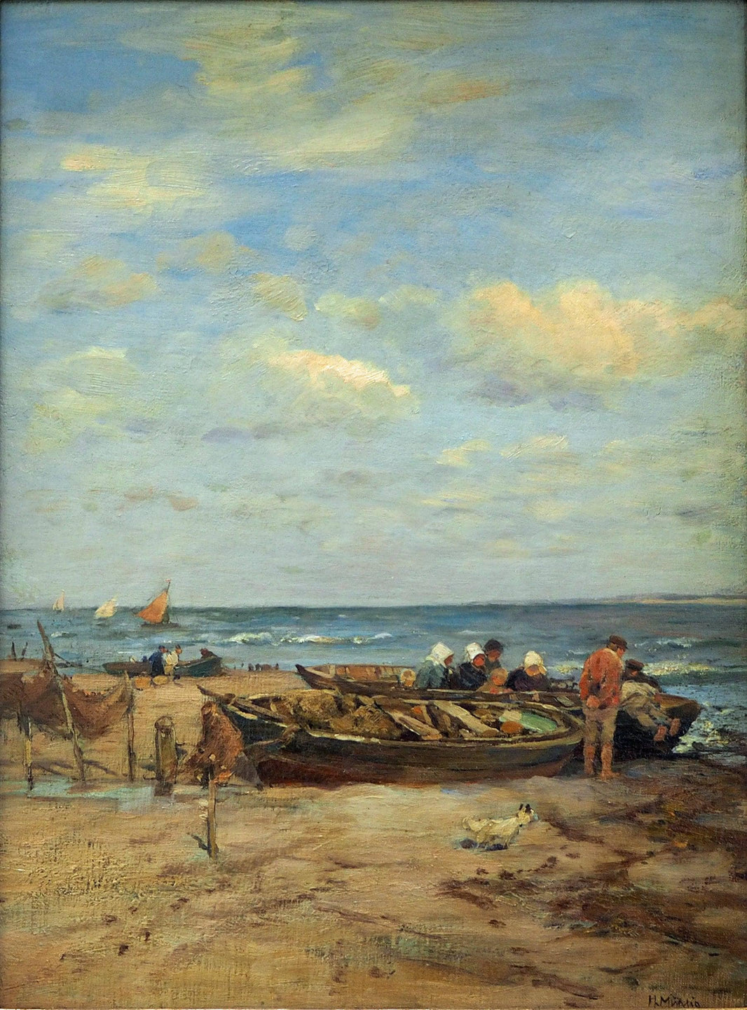 Fishermen with their boats by Hugo Mühlig — hand-painted seascapes oil painting reproduction on canvas