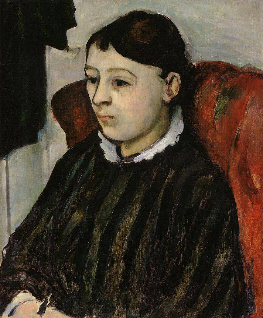 Madame Cezanne in a Striped Rob - Paul Cezanne