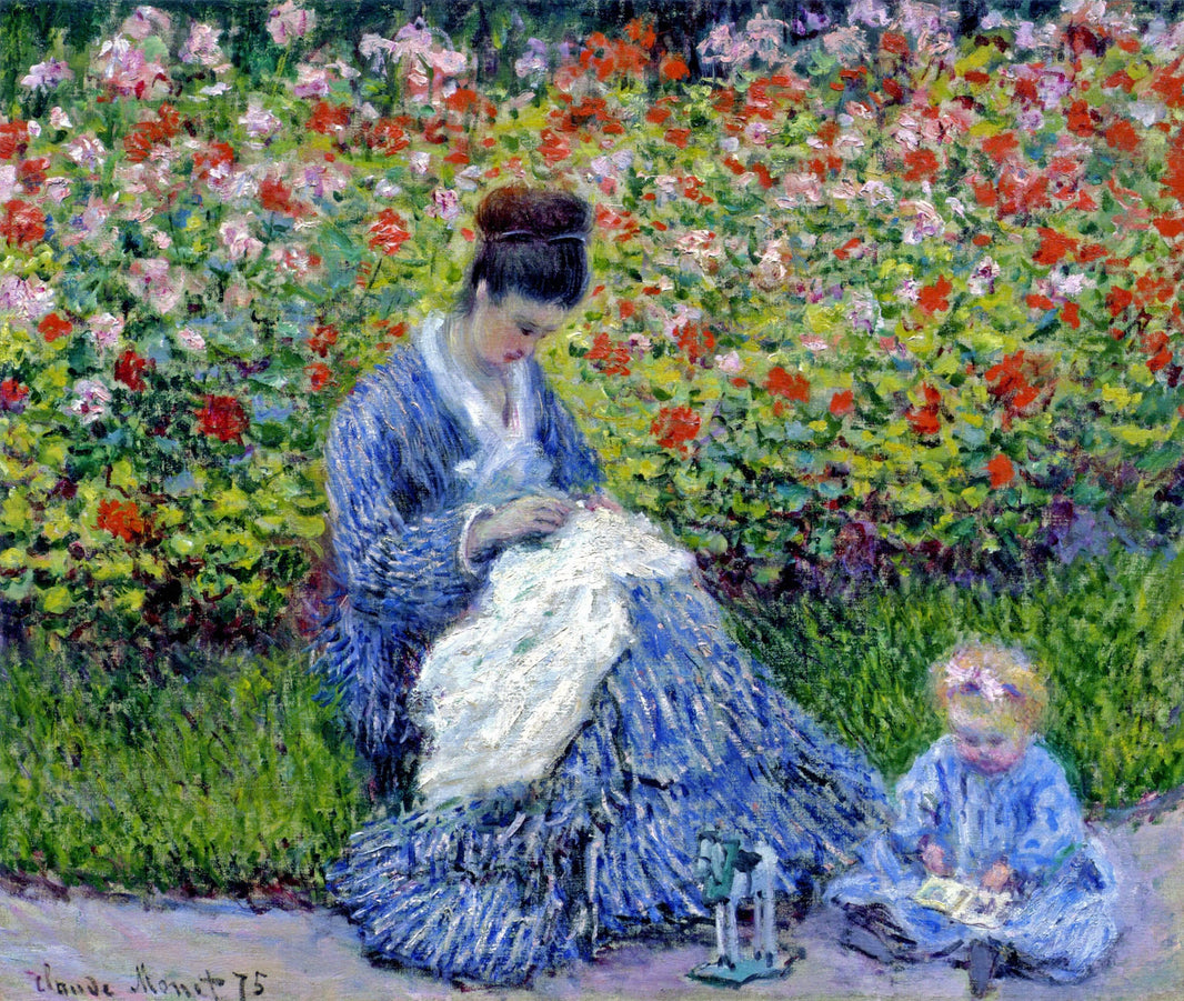 Camille Monet and a Child in the Artistâs Garden in Argenteuil by Claude Monet — hand-painted botanical oil painting reproduction on canvas