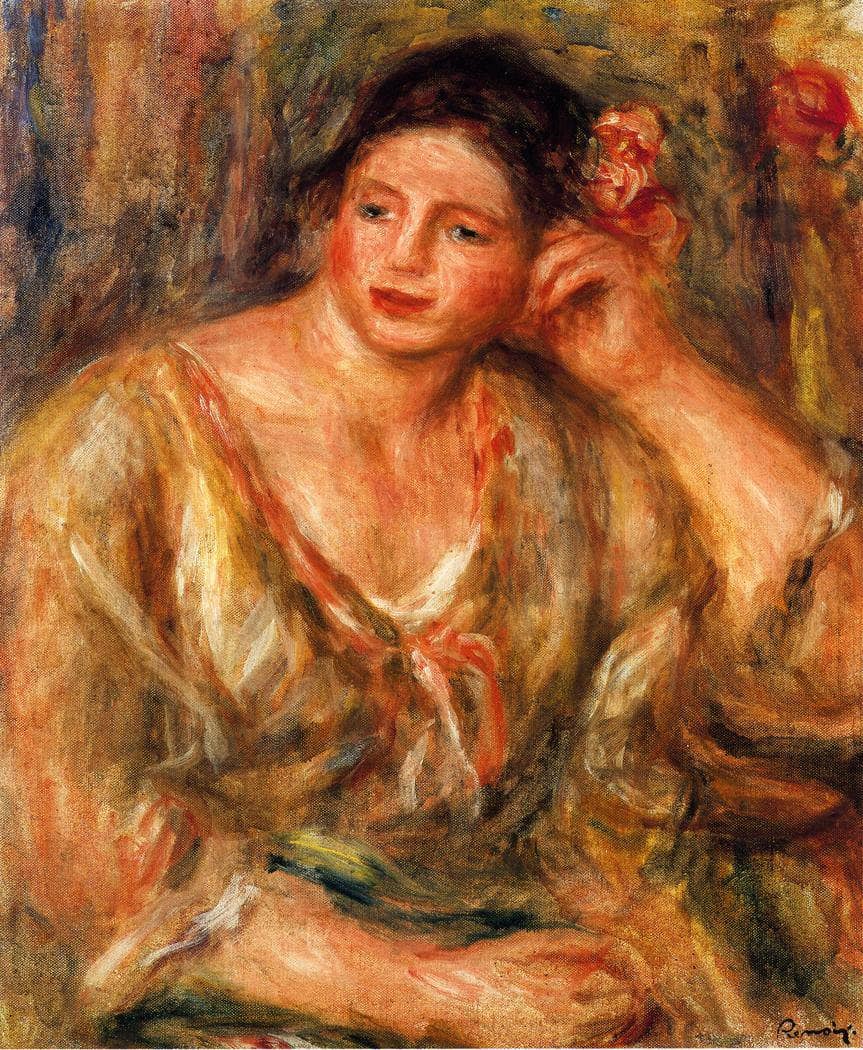 Madeleine Leaning on Her Elbow with Flowers in Her Hair by Pierre-Auguste Renoir — hand-painted portrait oil painting reproduction on canvas