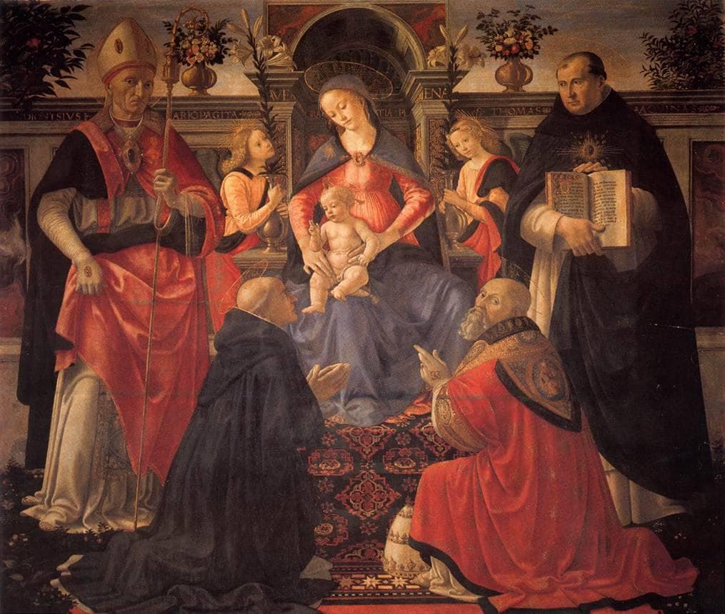 Madonna and Child enthroned with St. Dionysius, Aeropagita, Domenic, Clement and Thomas Aquinas by Domenico Ghirlandaio — hand-painted cultural oil painting reproduction on canvas