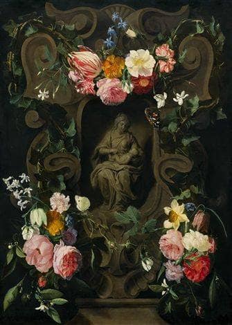 Madonna and Child, in a cartouche surrounded by flowers by Erasmus Quellinus the Younger — oil painting reproduction