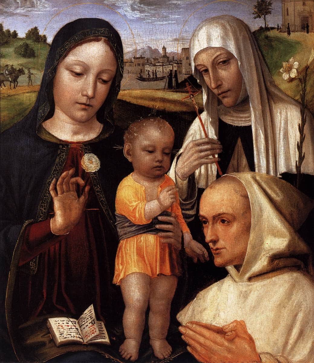 Madonna and Child, St Catherine, and the Blessed Stefano Maconi by Ambrogio Bergognone — hand-painted cultural oil painting reproduction on canvas