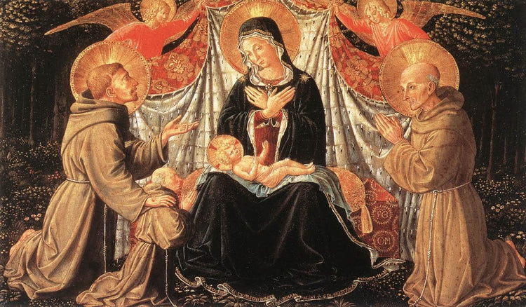 Madonna and Child with St. Francis and the donor Fra Jacopo da Montefalco (left) and St. Bernardino of Siena (right) - Benozzo Gozzoli