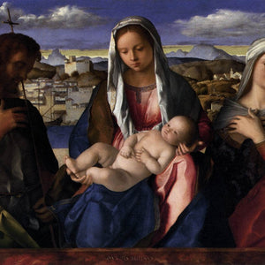 Madonna and Child with St.John the Baptist and a Saint, detail of the background waterside city