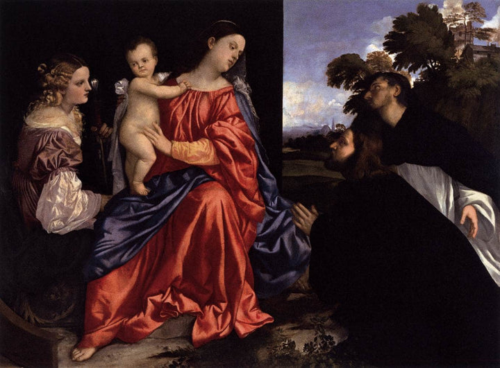 Madonna and Child with Sts Catherine and Dominic and a Donor by Titian — hand-painted cultural oil painting reproduction on canvas