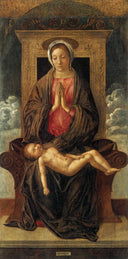 Madonna Enthroned Cherishing the Sleeping Child by Giovanni Bellini, religion oil painting wall art, Early Renaissance