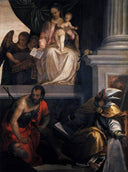 Madonna Enthroned with Child, St John the Baptist, St Louis of Toulouse and Donors by Paolo Veronese — religion oil painting wall art, Mannerism Late Renaissance