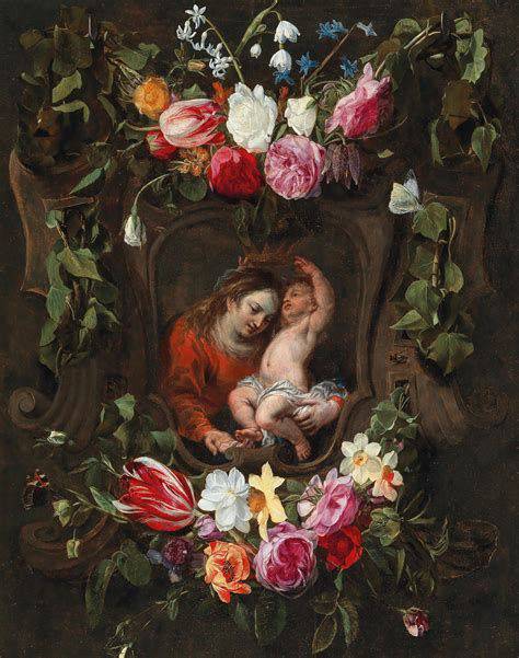 Madonna with child in a cartouche framed by a garland of flowers - Daniel Seghers