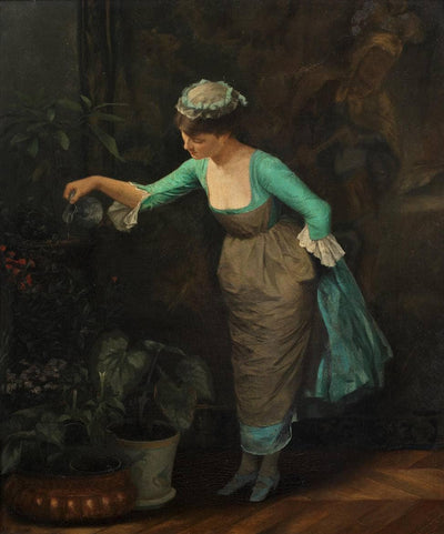 Maid watering flowers in kitchen