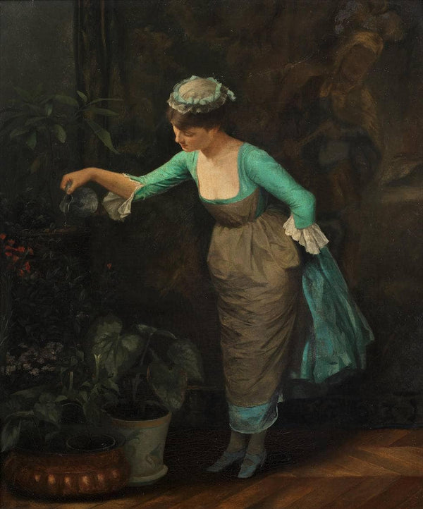 Maid watering flowers