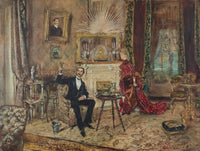 Makart salon interior, with a lady and a seated gentleman by Anton Romako — hand-painted portrait oil painting reproduction on canvas