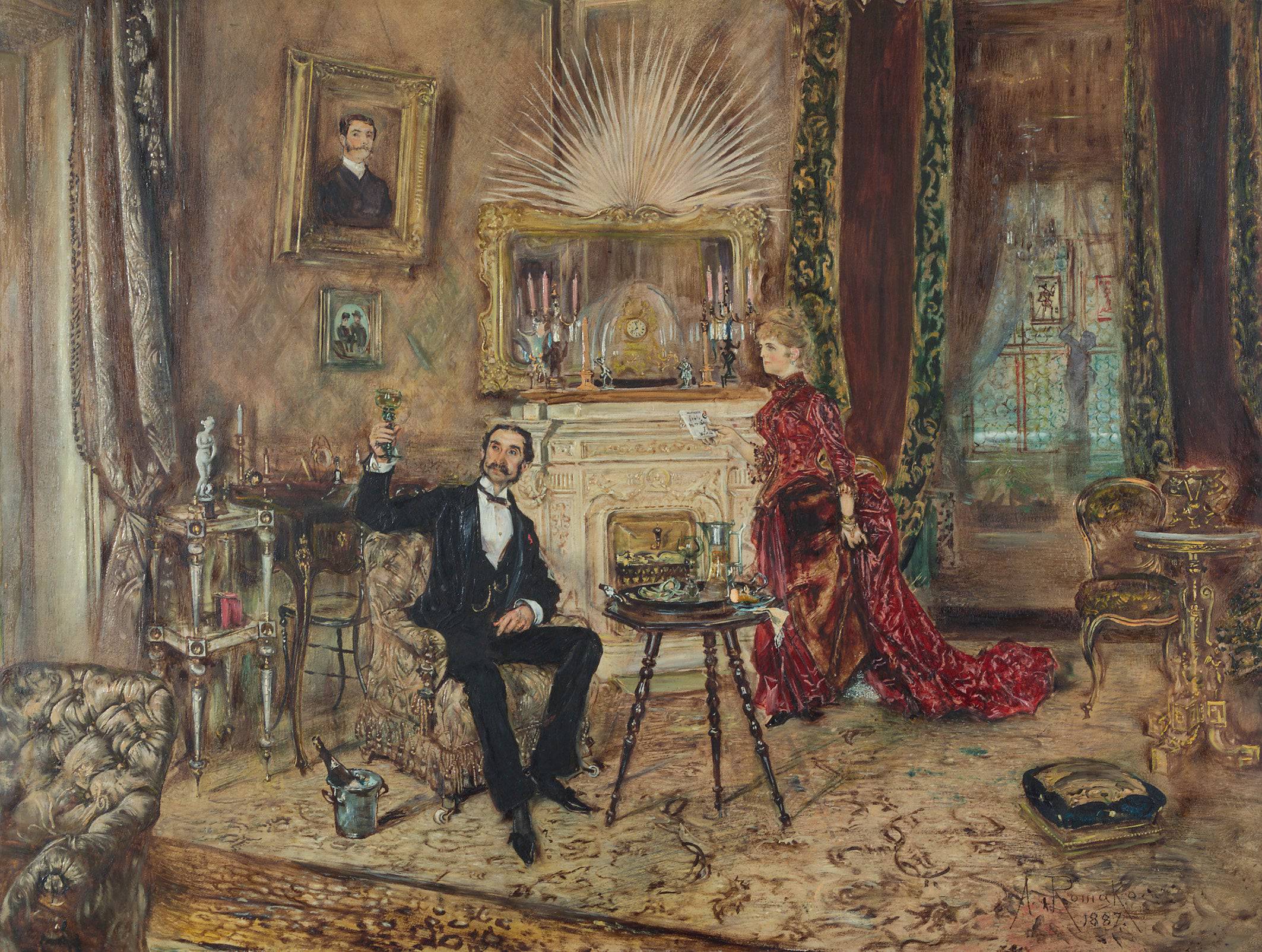 Makart salon interior, with a lady and a seated gentleman - Anton Romako