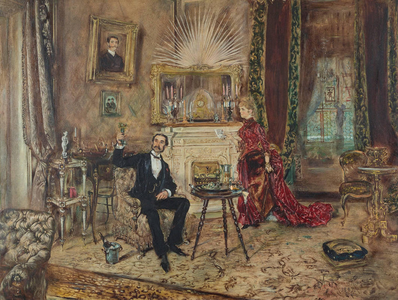 Makart salon interior, with a lady and a seated gentleman on gallery wrap