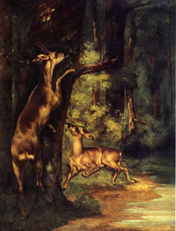 Male and Female Deer in the Woods by Gustave Courbet — hand-painted animal oil painting reproduction on canvas