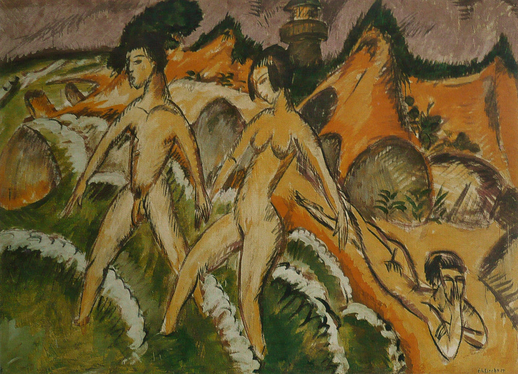 Male and Female Nudes Striding into the Sea by Ernst Ludwig Kirchner — hand-painted abstract oil painting reproduction on canvas