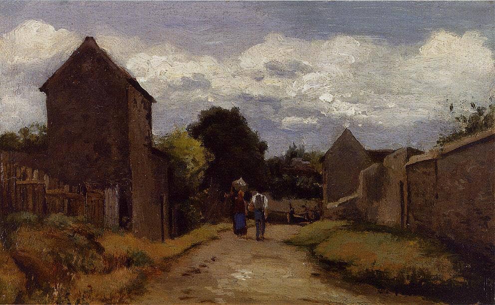 Male and Female Peasants on a Path Crossing the Countryside by Camille Pissarro — hand-painted landscape oil painting reproduction on canvas