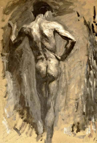 Male nude seen from the back standing in master bedroom
