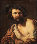 Man with a Flute by Dirck van Baburen — male oil painting wall art, Tenebrism