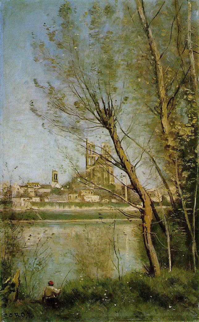 Mantes, View of the Cathedral and Town through the Trees by Camille Corot — hand-painted architectural oil painting reproduction on canvas