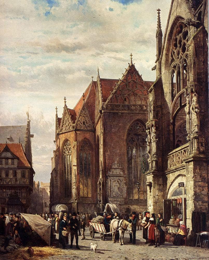 Many Figures On The Market Square In Front Of The Martinikirche, Braunschweig by Cornelis Springer — hand-painted architectural oil painting reproduction on canvas