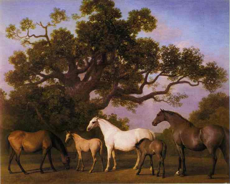 Mares and Foals under an Oak Tree by George Stubbs — hand-painted animal oil painting reproduction on canvas
