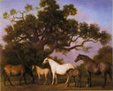 Mares and Foals under an Oak Tree by George Stubbs — landscapes oil painting wall art, Romanticism