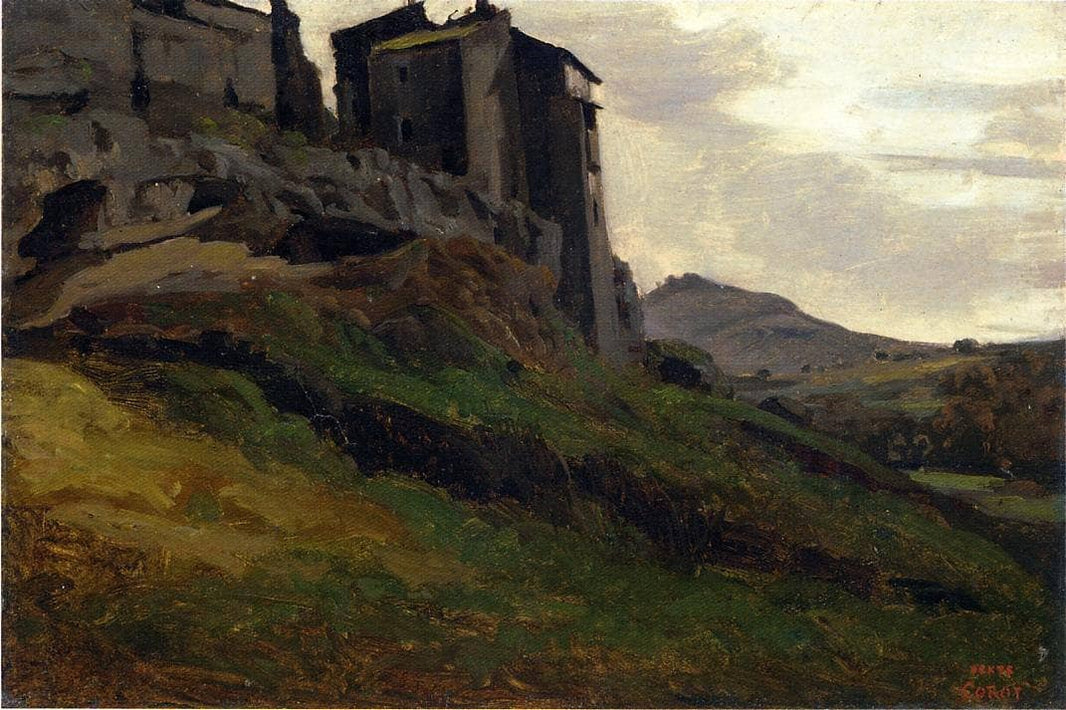 Marino, Large Buildings on the Rocks by Camille Corot — hand-painted architectural oil painting reproduction on canvas