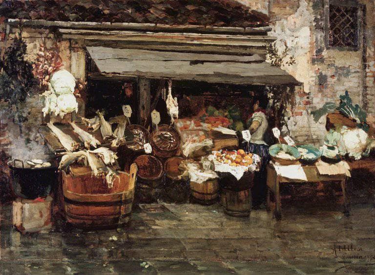 Market Scene in Venice by Alessandro Milesi — hand-painted still oil painting reproduction on canvas