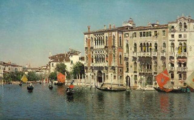 A View of Palazzo Cavalli and Palazzo Barbaro on the Grand Canal by Martín Rico y Ortega — hand-painted architectural oil painting reproduction on canvas