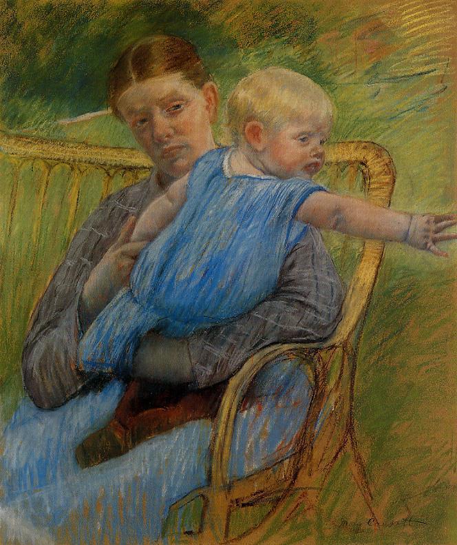 Mathilde Holding a Baby Who Reaches out to the Right by Mary Cassatt, hand-painted portrait oil painting reproduction on canvas