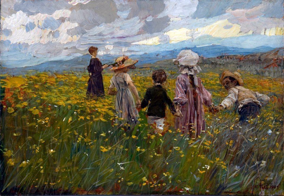 Meadow in Bloom (Children on the Asiago Plateau) by Ettore Tito, hand-painted landscape oil painting reproduction on canvas