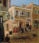 Mediterranean street scene with people in front of the hotel "d'Angleterre" by Harald Jerichau — heritage oil painting wall art, Romanticism