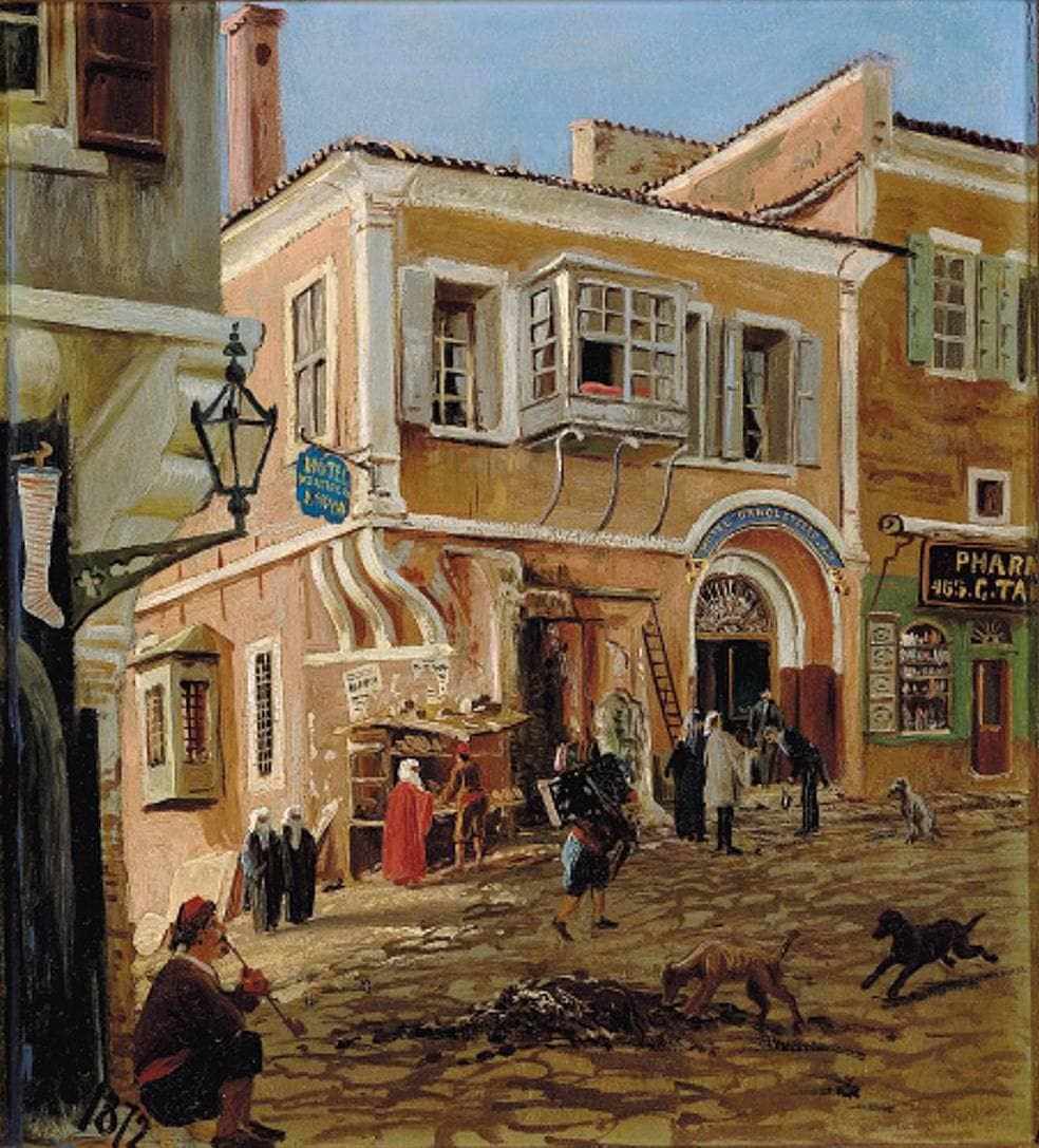 Mediterranean street scene with people in front of the hotel "d'Angleterre"