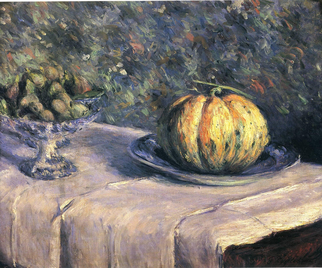 Melon and Fruit Bowl with Figs by Gustave Caillebotte — hand-painted botanical oil painting reproduction on canvas