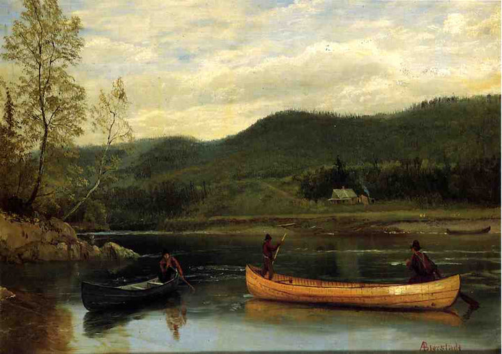 Men in  Two Canoes by Albert Bierstadt — hand-painted botanical oil painting reproduction on canvas
