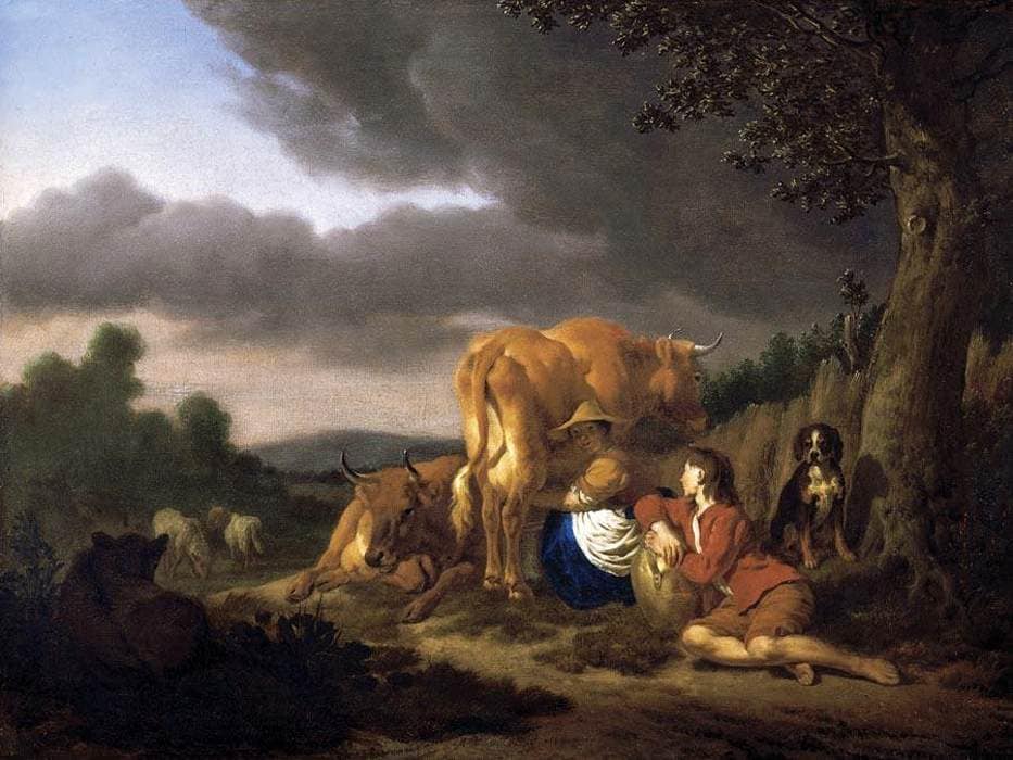 Milking a Cow by Adriaen van de Velde — hand-painted animal oil painting reproduction on canvas