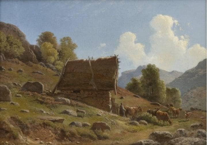 Milkmaid with cattle by a Summer farm by Knud Baade — hand-painted landscape oil painting reproduction on canvas