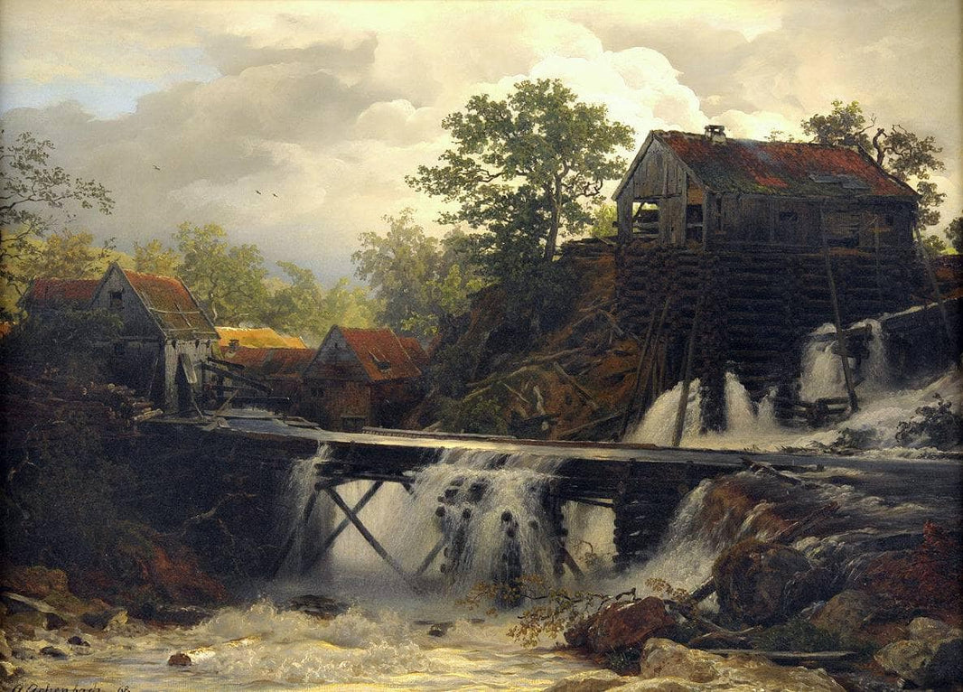 Mill in the forest at a falling mountain water by Andreas Achenbach — hand-painted landscape oil painting reproduction on canvas