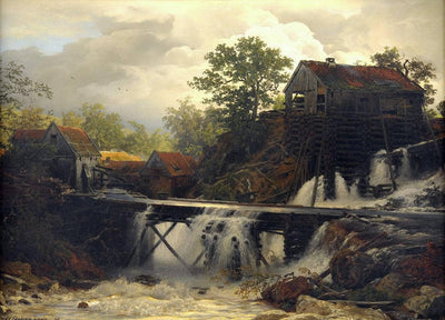 Mill in the forest at a falling mountain water in bedroom