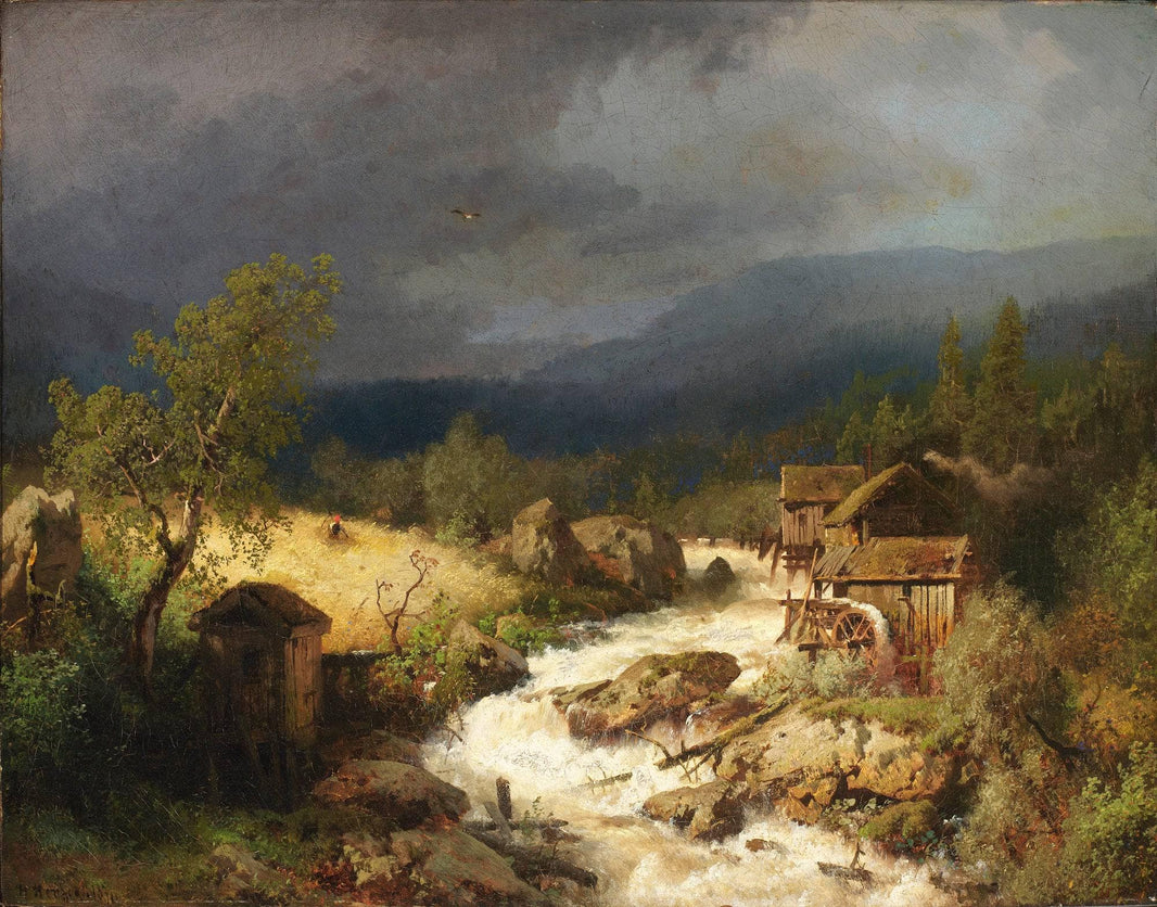 Mill on a Torrent by Hermann Ottomar Herzog — hand-painted landscape oil painting reproduction on canvas