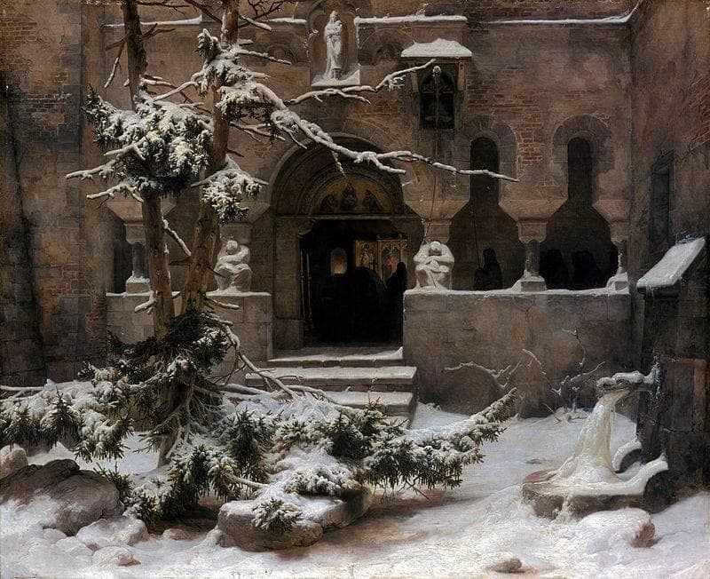 Monastery in snow by Karl Lessing — hand-painted architectural oil painting reproduction on canvas