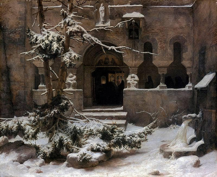 Monastery in snow by Karl Lessing — hand-painted architectural oil painting reproduction on canvas