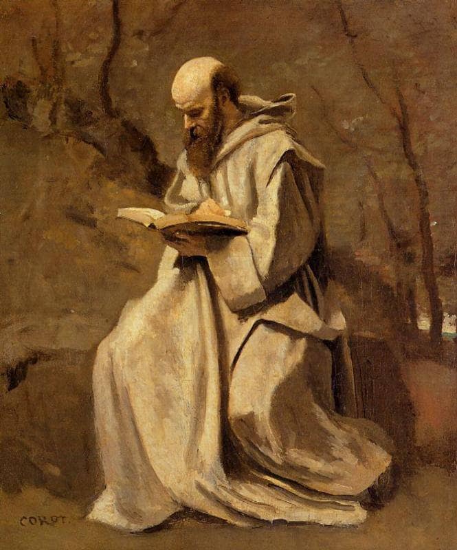 Monk in White, Seated, Reading by Camille Corot — hand-painted portrait oil painting reproduction on canvas
