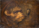 Monkey head smoking a pipe by Alexandre-Gabriel Decamps — art oil painting wall art, Romanticism