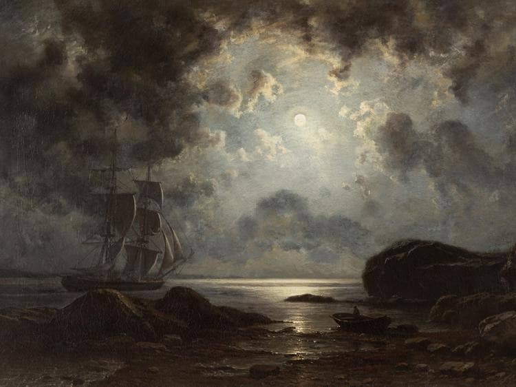 Moonlight over the Coast by Knud Baade — hand-painted landscape oil painting reproduction on canvas