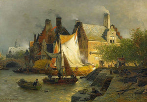 Moored Boats in A Dutch Harbor - Andreas Achenbach