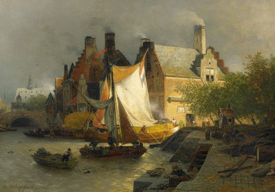 Mooring boats at a Dutch harbor in dining room