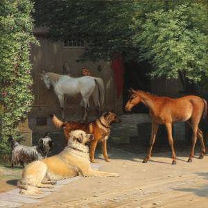 Morning At The Stable Door. While the colt is being dressed, the foal makes acquaintance. by Jørgen Sonne — hand-painted animal oil painting reproduction on canvas