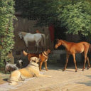 Morning At The Stable Door. While the colt is being dressed, the foal makes acquaintance. by Jørgen Sonne — horse oil painting wall art, Romanticism